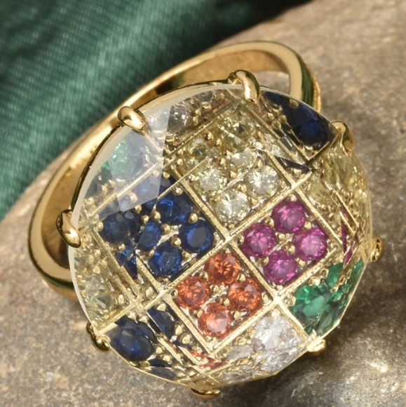 Simulated topaz and colored diamonds ring in gold tone - Picture 2 of 4